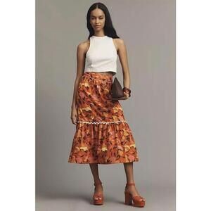 Farm Rio Tiered Flare Hem Printed A Line Midi Skirts Pull On Size L Red Fruit